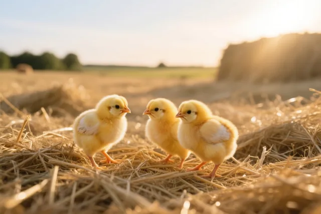 Drie gele kuikentjes staan op zacht stro in een zonnig veld, met hooibalen en bomen wazig op de achtergrond.