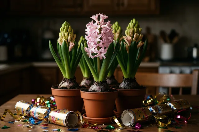 Drie lichtroze hyacinten in potten, één in volle bloei en twee met knoppen, staan op een houten keukentafel tussen kleurrijke serpentines en opengetrokken knalbonbons.