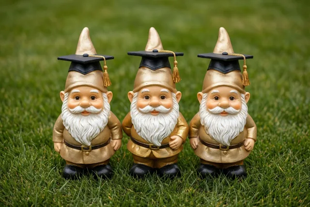 Drie identieke tuinkabouters met afstudeerhoeden staan op een rij op een groen gazon, in een beeld met vooral goud, zwart en groen.