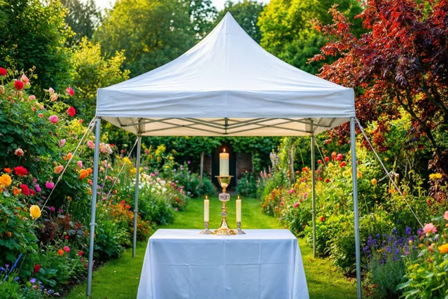 Onder een witte feesttent staat een wit gedekte tafel met drie brandende kaarsen in een zonnige tuin vol kleurrijke bloemen en bomen.