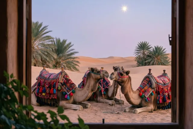 Door een open raam zie je drie kamelen met kleurrijke zadels met kwastjes op het zand onder palmbomen rusten, met een heldere ster aan de avondhemel.