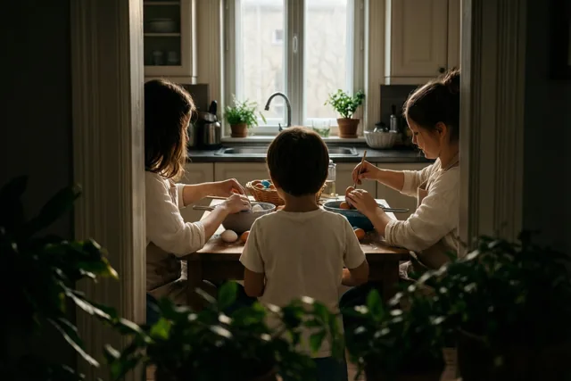 Drie kinderen zitten met hun rug naar de camera aan een houten keukentafel en kleuren eieren in kommen, met raamlicht en groene planten rondom hen.