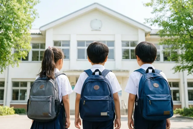 Drie kinderen in schooluniform met rugzakken lopen, van achteren gezien, naar een wit schoolgebouw tussen groene bomen in helder zonlicht.