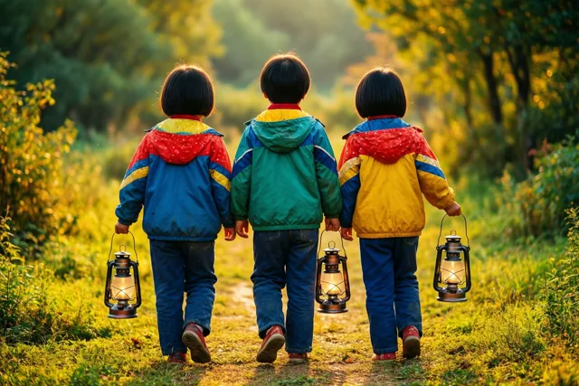 Drie kinderen lopen met hun rug naar de kijker over een met gras begroeid bospad, elk met een brandende lantaarn, in warm goudkleurig licht.