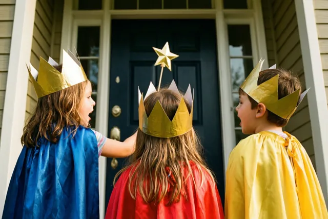 Drie kinderen met papieren kronen en kleurrijke capes staan van achteren gezien buiten op een stoep voor een donkere voordeur.