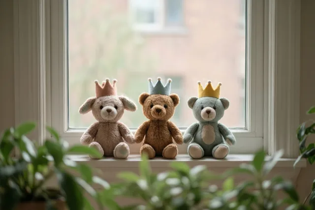 Drie knuffeldieren met elk een vilten kroon zitten op een rij op een vensterbank, in zacht daglicht met gedempte beige, bruine en lichtblauwe tinten.