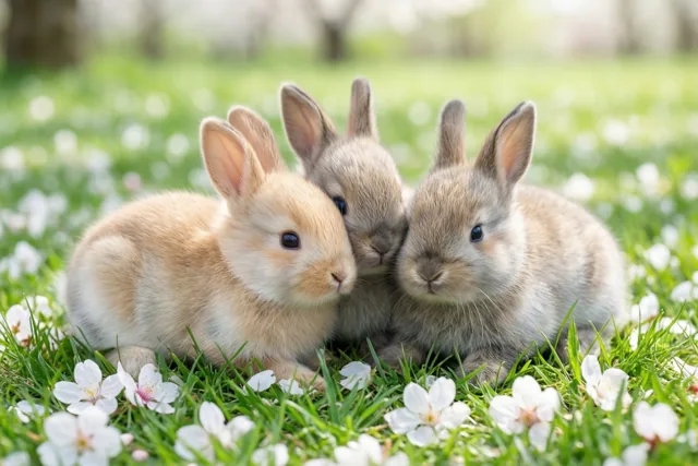 Drie konijntjes vieren de lente
