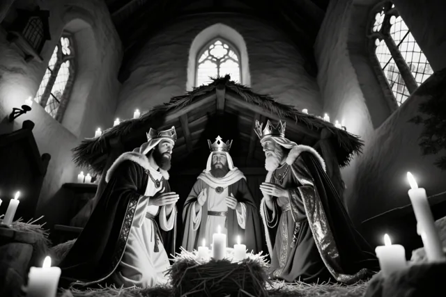 Een monochroom beeld toont drie koningen in koninklijke gewaden die voor een kribbe knielen in een kerk met brandende kaarsen en gotische ramen.