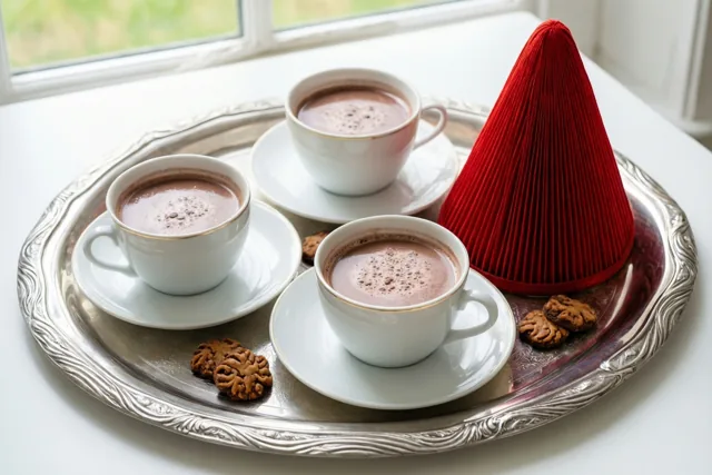Een zilveren dienblad met drie porseleinen kopjes chocolademelk en speculaasjes staat naast een rode mijter op een wit oppervlak bij een raam.