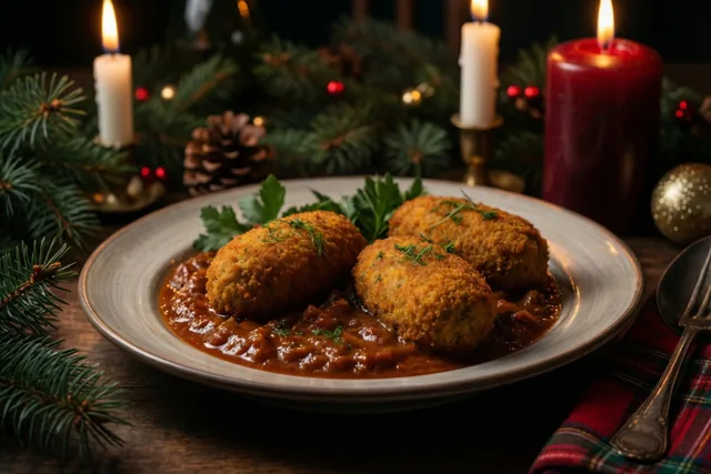 Drie goudbruine kroketten liggen in een bruine stoofpot op een keramisch bord, omringd door dennentakken, dennenappels en brandende kaarsen.