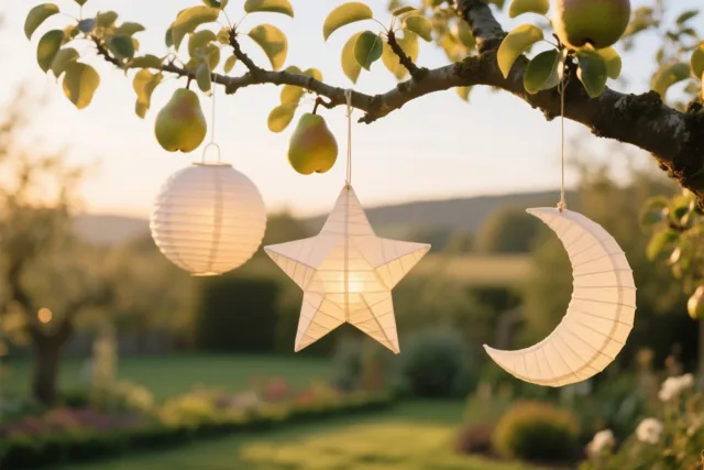 Drie papieren lantaarns in de vorm van een bol, ster en maansikkel hangen aan een perentak in een tuin met warm goudkleurig licht.