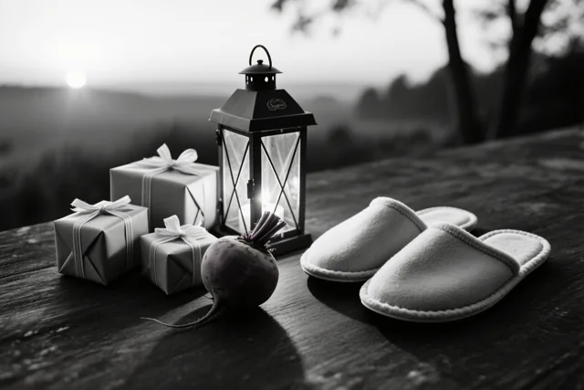 Een zwart-witstilleven toont drie ingepakte cadeaus, een suikerbiet, een brandende lantaarn en pantoffels op een houten oppervlak buiten, met een wazig landschap en de ochtendzon achteraan.