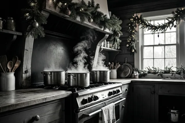 Een monochrome foto toont een landelijke keuken met drie dampende potten op het fornuis en een dennenslinger met lichtjes boven het raam.