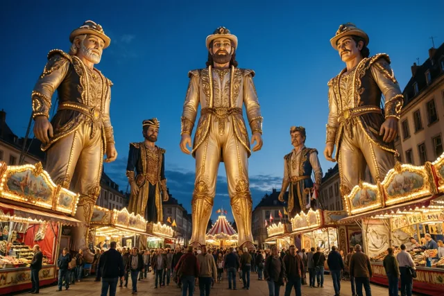 Drie hoge carnavalsreuzen in rijk versierde kostuums staan boven een druk marktplein met warm verlichte kraampjes onder een diepblauwe avondlucht.