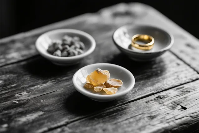 Drie kleine witte schaaltjes met wierookhars, mirre en een gouden ring staan op een verweerde houten tafel, grotendeels in zwart-wit met kleuraccenten op de hars en de ring.