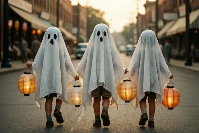 Drie kinderen in spookkostuums lopen met elk een brandende papieren lantaarn door een warm verlicht stadje in jarenvijftigstijl.