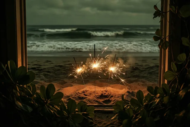 Door een raam met groen aan weerszijden zijn drie brandende sterretjes in het donkere strandzand te zien, met golven onder een bewolkte lucht op de achtergrond.