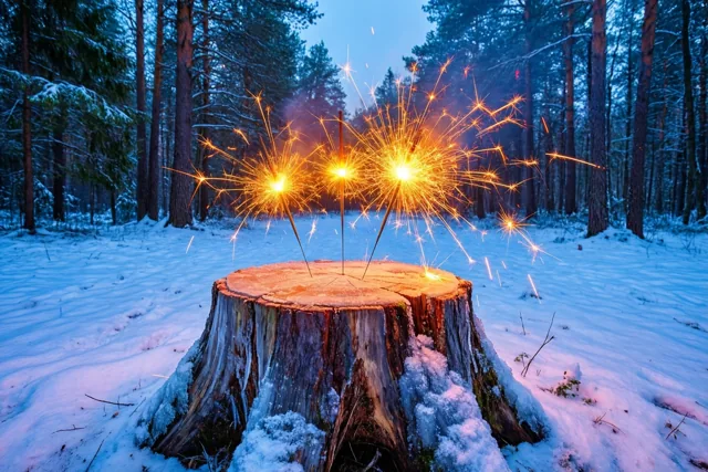 Drie sterretjes branden op een besneeuwde boomstronk op een open plek in een winters bos, met oranje vonken tegen een koele blauwe achtergrond.