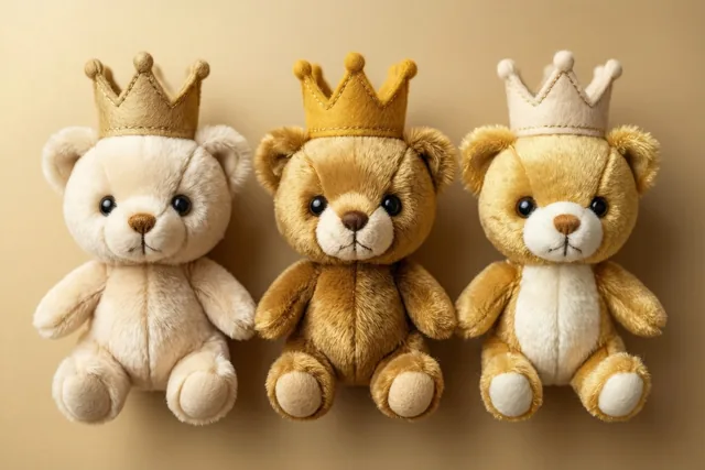 Drie pluchen teddyberen in crème, middenbruin en goudbruin zitten naast elkaar tegen een effen beige achtergrond, elk met een kleine vilten kroon, zachte vacht en zwarte knoopogen.