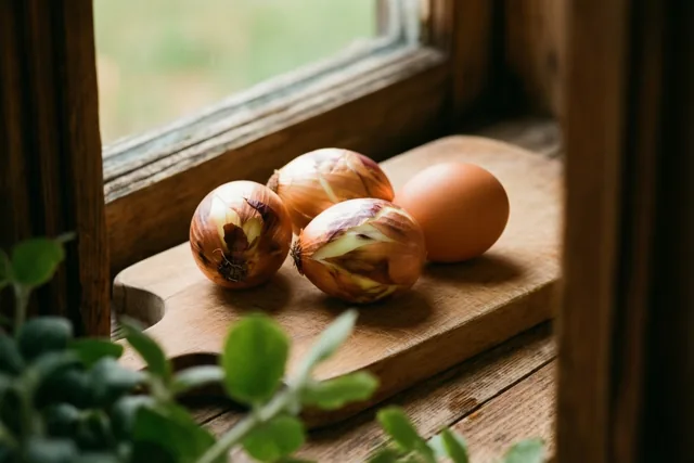 Drie uien en een bruin ei liggen op een houten snijplank bij een raam, met groene bladeren op de voorgrond.