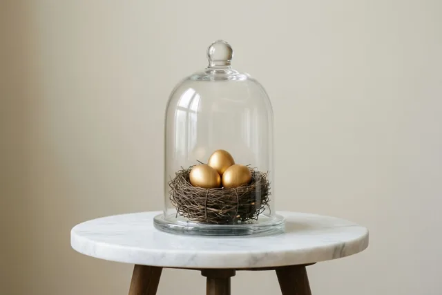 Onder een glazen stolp ligt een klein takkennest met drie vergulde eieren op een witmarmeren bijzettafel tegen een effen beige muur.