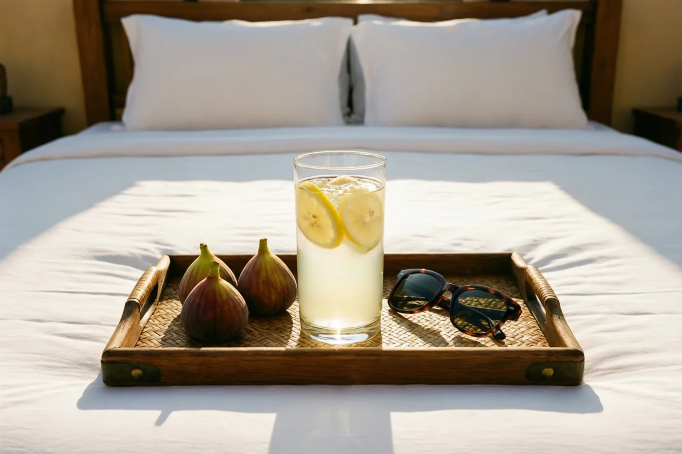 Een houten dienblad met een glas citroenwater, drie vijgen en een zonnebril staat op een wit bed in een zonnige kamer.