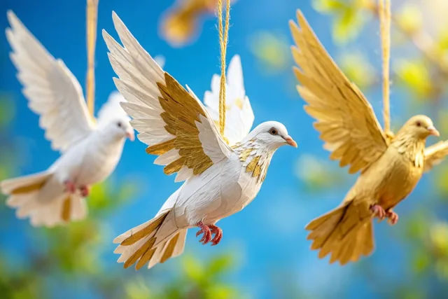 Twee witte papieren duiven en één gouden papieren duif hangen tegen een felblauwe lucht met onscherp groen op de achtergrond.