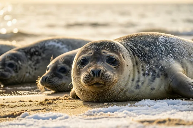 Drie grijze zeehonden rusten op een zandstrand met een dun laagje sneeuw, met glinsterend zeewater achter zich in warm zonlicht.