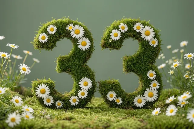 Een met mos begroeide groene haag vormt het getal 33 en is versierd met witte madeliefjes in een landelijke tuin.