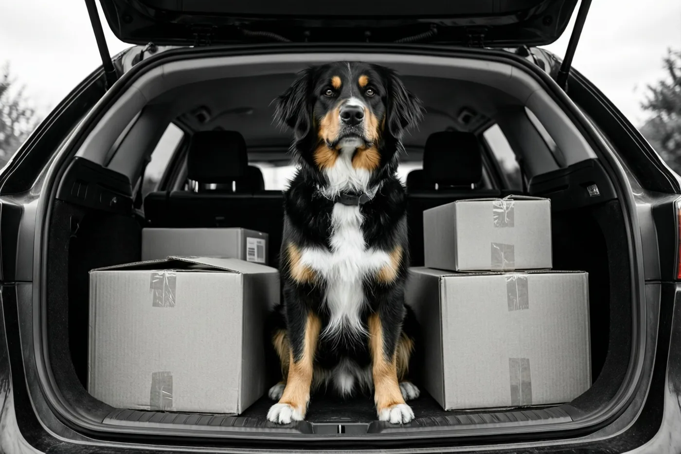 Een driekleurige hond zit rechtop tussen kartonnen verhuisdozen in een open autokoffer, met zijn vacht in kleur tegen een grotendeels kleurloze achtergrond.