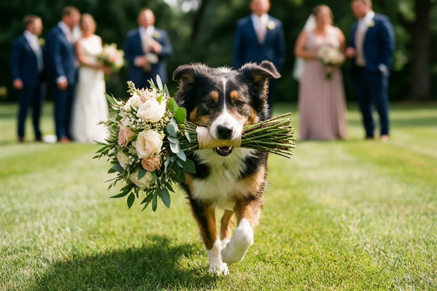 Een driekleurige hond rent met een bruidsboeket in zijn bek over een groen gazon, met een rij bruiloftsgasten onscherp onder de bomen op de achtergrond.