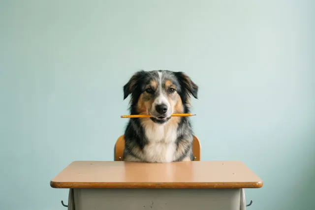 Een hond met zwarte, witte en lichtbruine vacht zit rechtop aan een houten schoolbank met een geel potlood dwars in zijn bek, tegen een lichtblauwe muur.