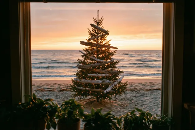 Door een raam met potplanten op de voorgrond is een verlichte kerstboom van drijfhout op een breed strand te zien, onder een oranje-roze avondlucht.