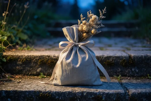 Een grijs linnen geschenkzakje met een boeketje droogbloemen tussen het lint staat op een stenen trede in zacht warm licht tegen een wazige blauwgroene achtergrond.