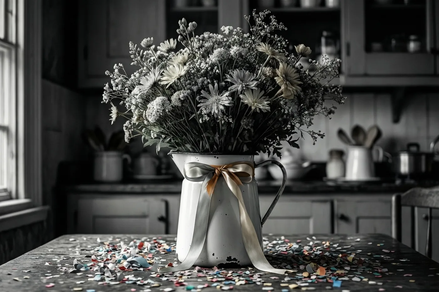 Een groot boeket droogbloemen in een gespikkelde witte emaille kan met een lint staat op een donkerhouten keukentafel met kleurrijke confetti, in een vintagekeuken met zacht daglicht.
