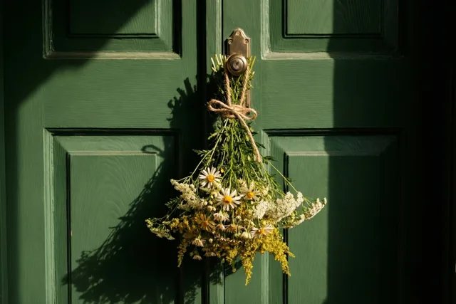 Een bos gedroogde veldbloemen met een touwtje hangt aan de deurknop van een groene houten deur en werpt een duidelijke schaduw in het warme zonlicht.
