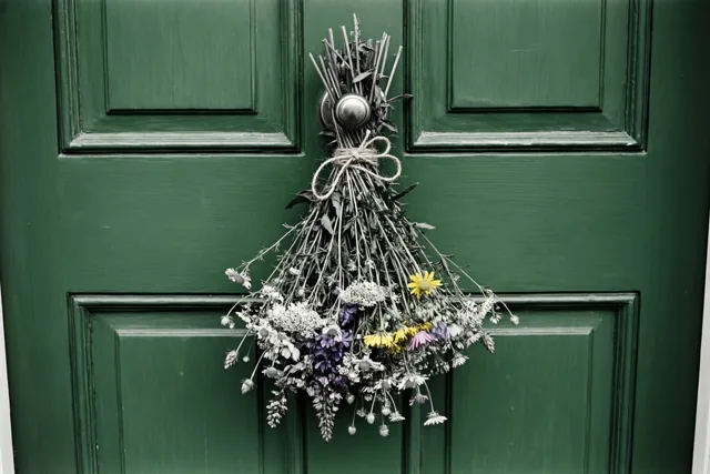 Een boeket gedroogde veldbloemen met een touwtje hangt aan de deurknop van een donkergroene voordeur met panelen, met kleine gele en paarse bloemen tussen de gedempte tinten.