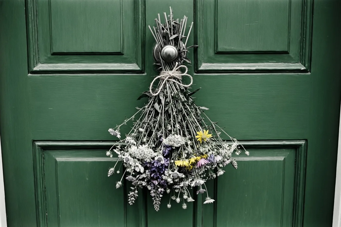 Een boeket gedroogde veldbloemen met een touwtje hangt aan de deurknop van een donkergroene voordeur met panelen, met kleine gele en paarse bloemen tussen de gedempte tinten.