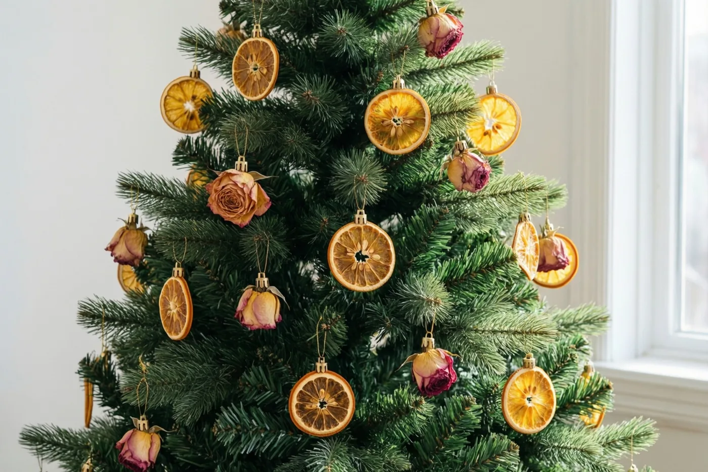 Een kerstboom met gedroogde sinaasappelschijfjes en gedroogde rozen staat binnen bij een raam in natuurlijk licht.