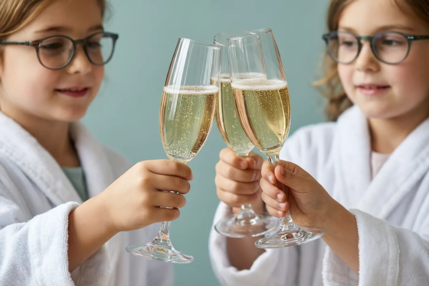 Twee kinderen in witte badjassen klinken met glazen bruisend druivensap tegen een effen lichtblauwe achtergrond.