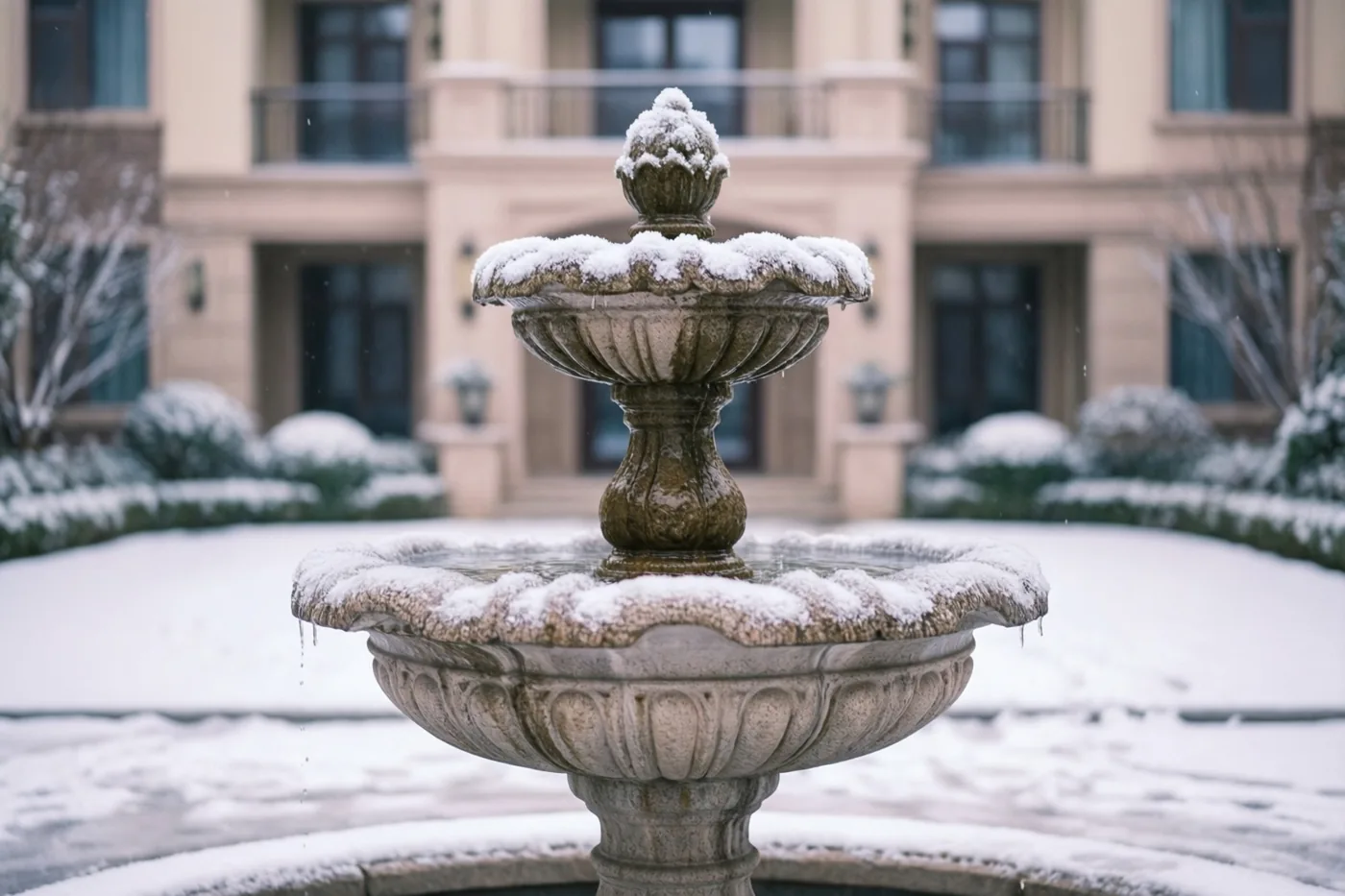 Water druppelt van een stenen fontein met meerdere niveaus en verse sneeuw op een besneeuwde binnenplaats, voor een beige herenhuis met donkere ramen en besneeuwde struiken onder een bewolkte hemel.