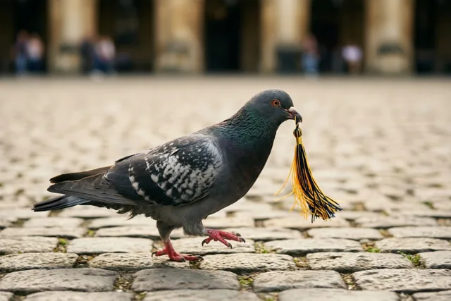 Een duif met glanzende veren stapt over een kasseiplein met een geel-zwart kwastje van een afstudeerhoed in haar snavel, voor onscherpe zuilen en figuren.