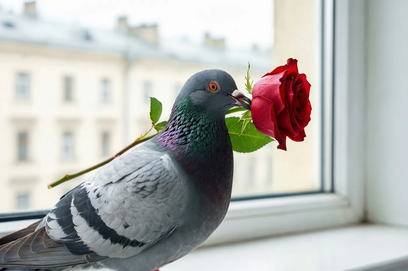 Een duif zit op een vensterbank met een rode roos in haar snavel, met door het raam een wazig stadsgebouw op de achtergrond.
