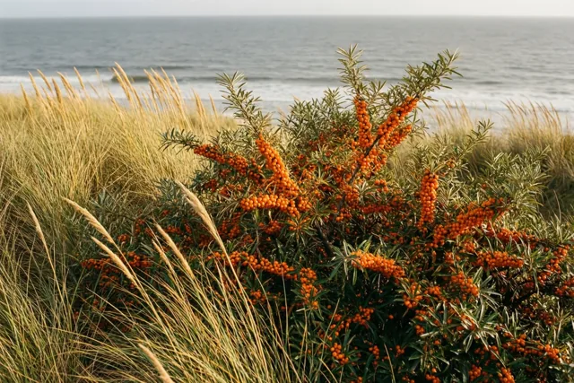 Een duindoornstruik vol feloranje bessen groeit tussen goudkleurig helmgras in de duinen, met een grijze zee op de achtergrond.