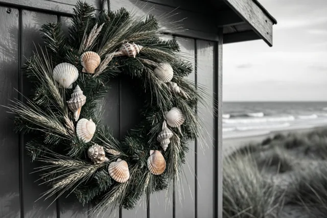 Een krans van duingras en schelpen hangt aan de deur van een houten strandhuisje, met een onscherp strand en zee onder een bewolkte hemel erachter.