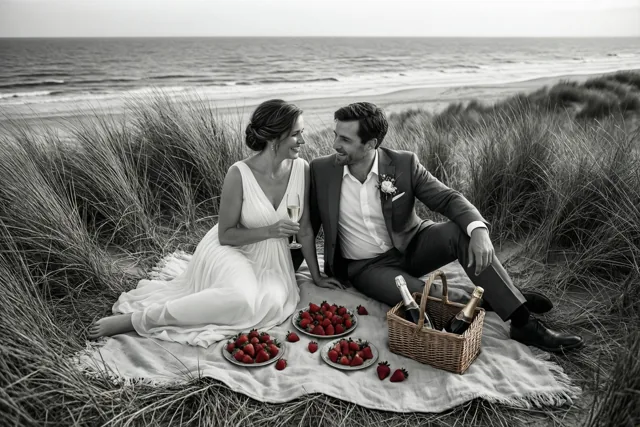 Een koppel zit op een deken in de duinen met champagne en aardbeien en de zee op de achtergrond, in een zwart-wit beeld waarin alleen de aardbeien rood zijn.