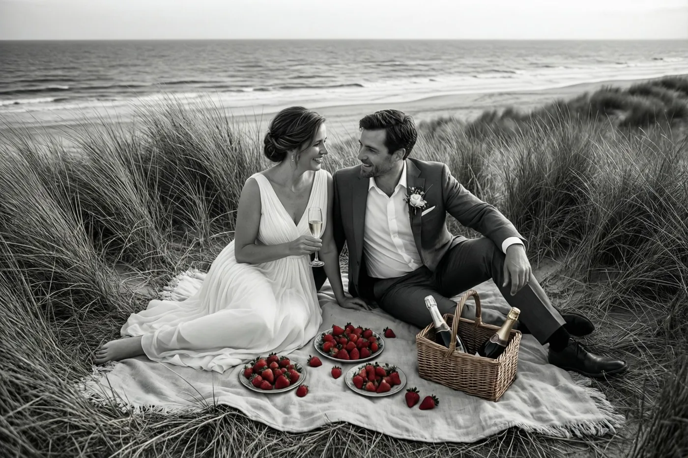Een koppel zit op een deken in de duinen met champagne en aardbeien en de zee op de achtergrond, in een zwart-wit beeld waarin alleen de aardbeien rood zijn.