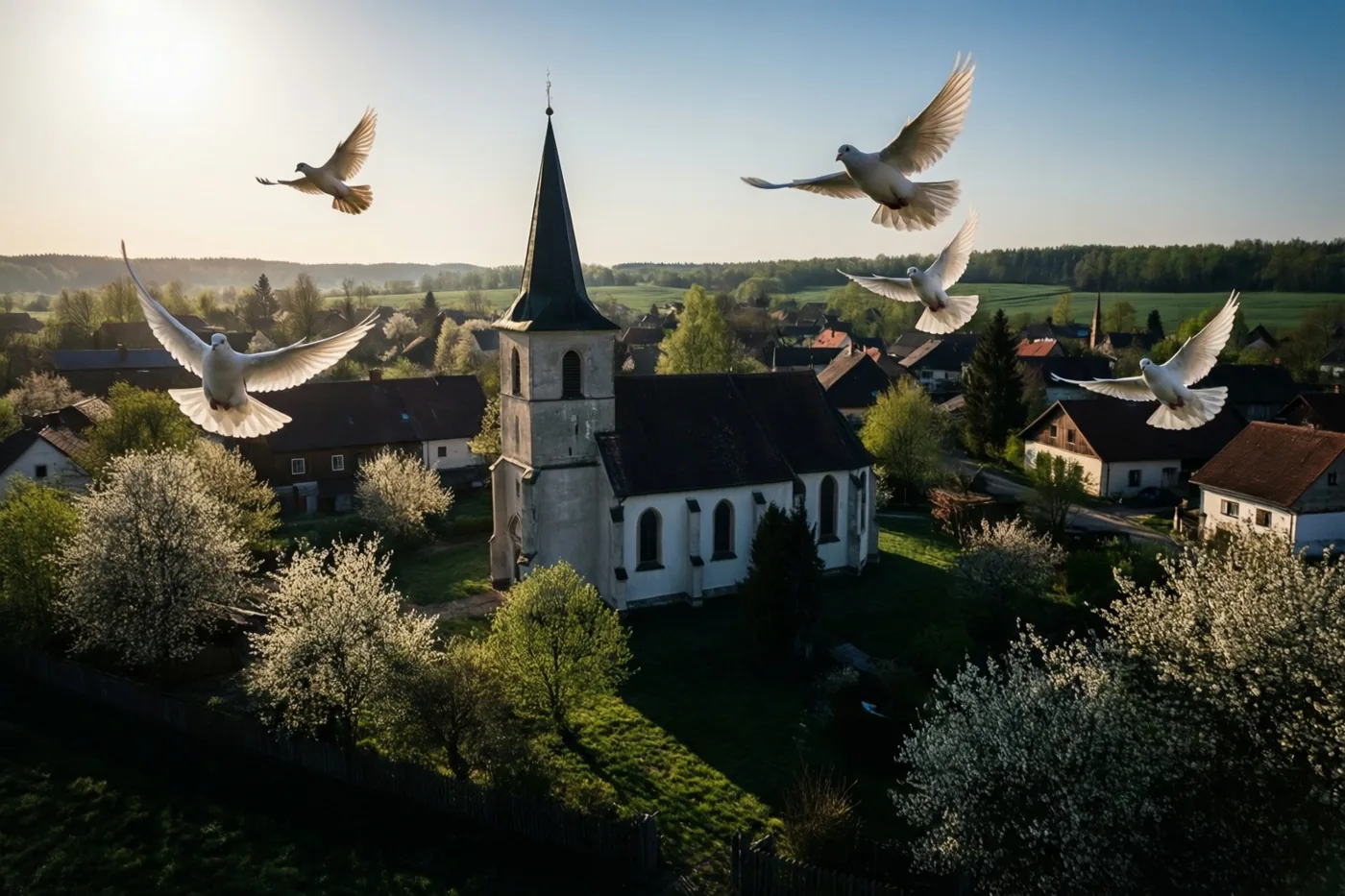 Witte duiven vliegen boven een dorpskerk tussen groene velden en bloeiende bomen op een zonnige lenteochtend onder een blauwe hemel.