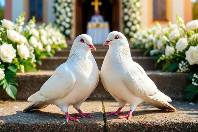 Twee witte duiven staan op stenen trappen voor een kerk met witte bloemstukken in warm zonlicht.