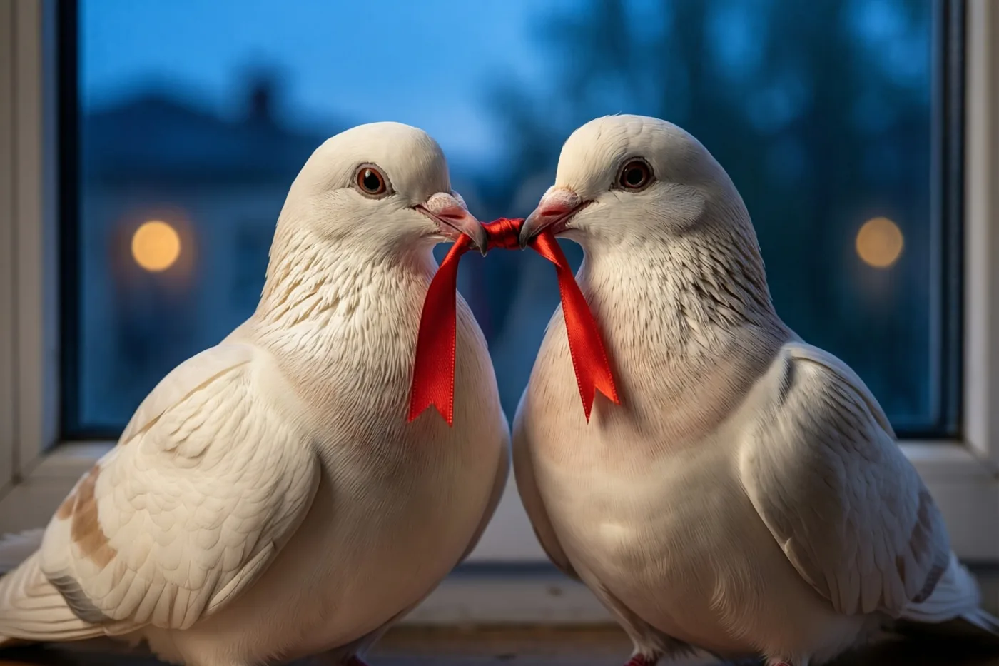 Twee witte duiven zitten op een vensterbank met een rood lint tussen hun snavels, tegen een wazige blauwe avondachtergrond met warme lichtvlekken.